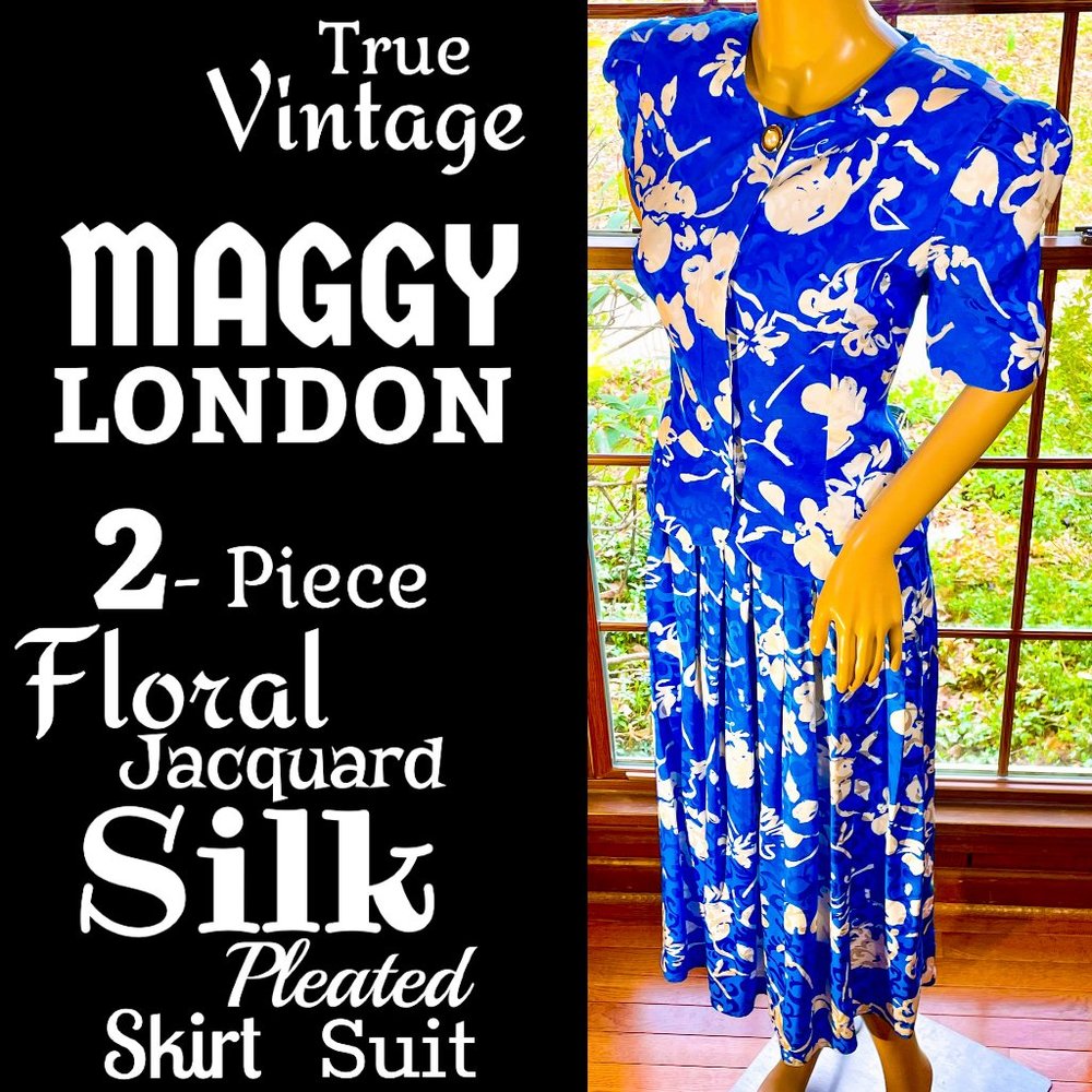 ▪️VTG▪️MAGGY LONDON▪️80's Floral Scroll Jacquard Silk 2-Piece Pleated Skirt Set